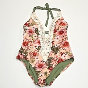 Kona Sol Green Floral Swimsuit Large